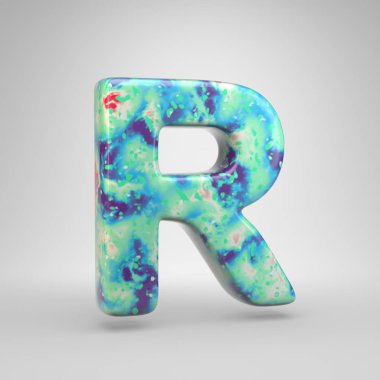 Mavimsi akrilik dökme R harfi büyük harf. Beyaz arka plan üzerinde izole 3d render soğuk renk yazı tipi