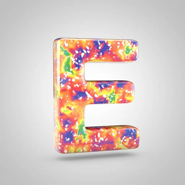 Bright acrylic pouring letter E uppercase. 3d render colorful font isolated on white background