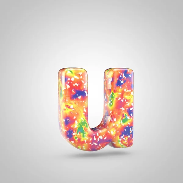 Bright acrylic pouring letter U lowercase. 3d render colorful font isolated on white background