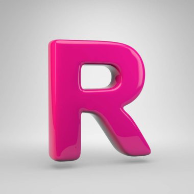 Plastik pembe renkli harf R büyük. 3d render parlak yazı tipi beyaz arka plan üzerinde izole