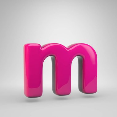 Plastik pembe renkli harf M küçük. 3d render parlak yazı tipi beyaz arka plan üzerinde izole