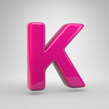 Büyük K harfi plastik pembe renk. 3d render parlak yazı tipi beyaz arka plan üzerinde izole