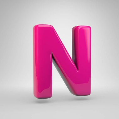 Plastik pembe renkli harf N büyük harf. 3d render parlak yazı tipi beyaz arka plan üzerinde izole