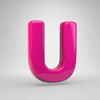 Büyük U harfi plastik pembe renk. 3d render parlak yazı tipi beyaz arka plan üzerinde izole