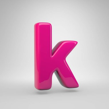 Plastik pembe renk K harfi küçük. 3d render parlak yazı tipi beyaz arka plan üzerinde izole