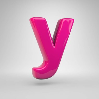 Plastik pembe renk Y harfi küçük. 3d render parlak yazı tipi beyaz arka plan üzerinde izole