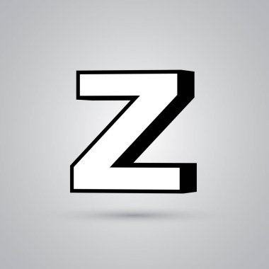 3D vektör harf Z ile siyah sınır büyük beyaz. Işık yansıması ve beyaz arka plan üzerinde izole gölge ile parlak yazı tipi