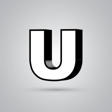 3D vektör harf U ile siyah sınır büyük beyaz. Işık yansıması ve beyaz arka plan üzerinde izole gölge ile parlak yazı tipi