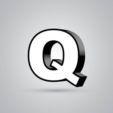 3D vektör harf Q ile siyah sınır büyük beyaz. Işık yansıması ve beyaz arka plan üzerinde izole gölge ile parlak yazı tipi