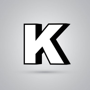 3D vektör harf K ile siyah sınır büyük beyaz. Işık yansıması ve beyaz arka plan üzerinde izole gölge ile parlak yazı tipi
