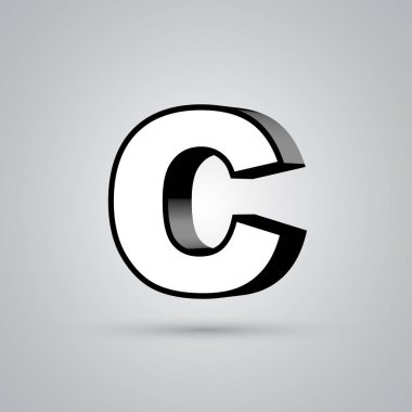 3D vektör harf C ile siyah sınır büyük beyaz. Işık yansıması ve beyaz arka plan üzerinde izole gölge ile parlak yazı tipi