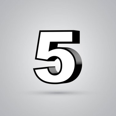Beyaz siyah sınır ile 3d vektör sayı 5. Işık yansıması ve beyaz arka plan üzerinde izole gölge ile parlak yazı tipi