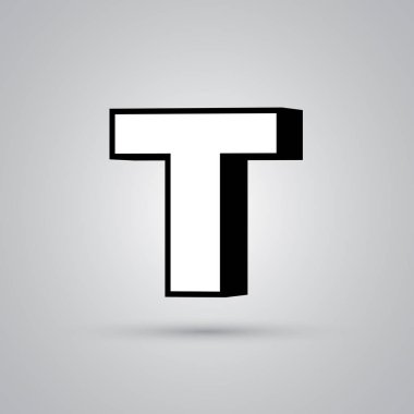 3D vektör harfi T ile siyah sınır büyük beyaz. Işık yansıması ve beyaz arka plan üzerinde izole gölge ile parlak yazı tipi