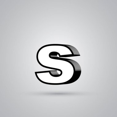 3D vektör harf S ile siyah sınır küçük beyaz. Işık yansıması ve beyaz arka plan üzerinde izole gölge ile parlak yazı tipi