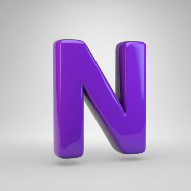 Proton mor renk N harfi büyük harf. 3d render parlak yazı tipi beyaz arka plan üzerinde izole