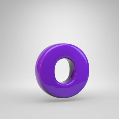 Proton mor renk O harfi küçük. 3d render parlak yazı tipi beyaz arka plan üzerinde izole