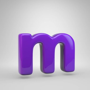 Proton mor renk harf M küçük. 3d render parlak yazı tipi beyaz arka plan üzerinde izole