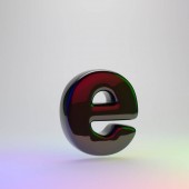 3D písmeno E malá. Černé písmo s odleskem červené, zelené a modré světlo izolované na světlé pozadí