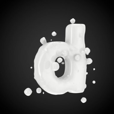 3D D harfi küçük. Süt yazı tipiyle izole üzerinde siyah arka plan damla. 3D render.