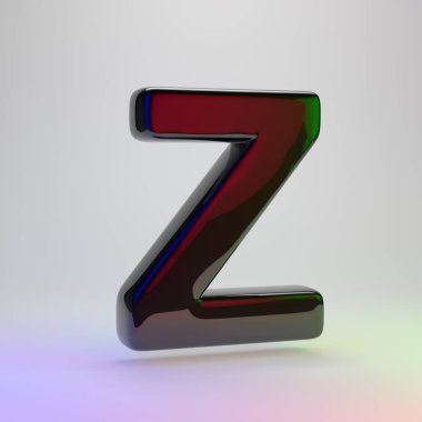 3D harf büyük harf Z. Açık renkli izole kırmızı, yeşil ve mavi ışık yansıması ile siyah yazı tipi