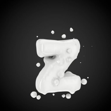 3D Z harfi küçük. Süt yazı tipiyle izole üzerinde siyah arka plan damla. 3D render.