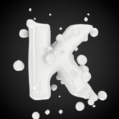 3D harf K büyük harf. Süt yazı tipiyle izole üzerinde siyah arka plan damla. 3D render.