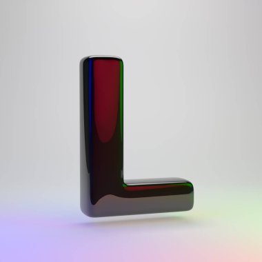 3D harf L büyük harf. Açık renkli izole kırmızı, yeşil ve mavi ışık yansıması ile siyah yazı tipi