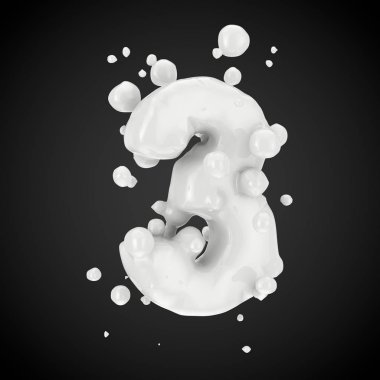3D sayısı 3. Süt yazı tipiyle izole üzerinde siyah arka plan damla. 3D render.