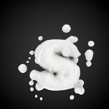 3D S harfi küçük. Süt yazı tipiyle izole üzerinde siyah arka plan damla. 3D render.