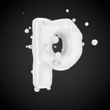 3D P harfi küçük. Süt yazı tipiyle izole üzerinde siyah arka plan damla. 3D render.