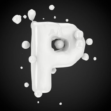 3D büyük P harfi. Süt yazı tipiyle izole üzerinde siyah arka plan damla. 3D render.