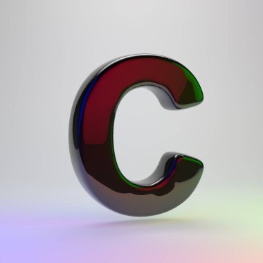 3D harf C büyük harf. Açık renkli izole kırmızı, yeşil ve mavi ışık yansıması ile siyah yazı tipi