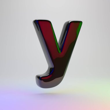 3D Y harfi küçük. Açık renkli izole kırmızı, yeşil ve mavi ışık yansıması ile siyah yazı tipi