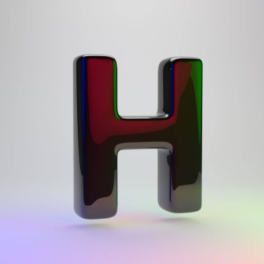 3D harfi H büyük harf. Açık renkli izole kırmızı, yeşil ve mavi ışık yansıması ile siyah yazı tipi
