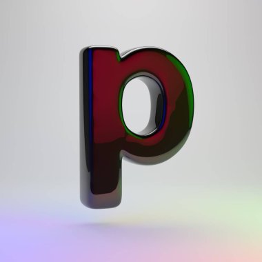 3D P harfi küçük. Açık renkli izole kırmızı, yeşil ve mavi ışık yansıması ile siyah yazı tipi