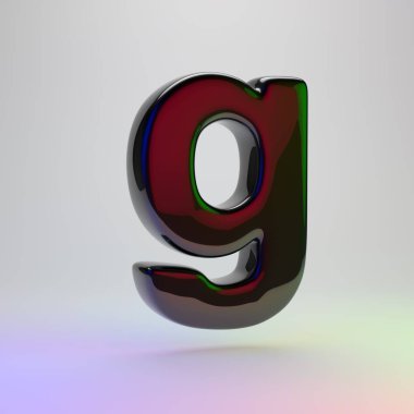 3D G harfi küçük. Açık renkli izole kırmızı, yeşil ve mavi ışık yansıması ile siyah yazı tipi
