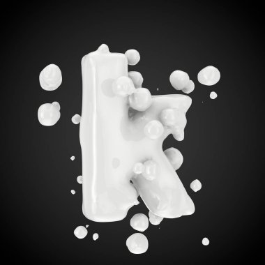 3D K harfi küçük. Süt yazı tipiyle izole üzerinde siyah arka plan damla. 3D render.