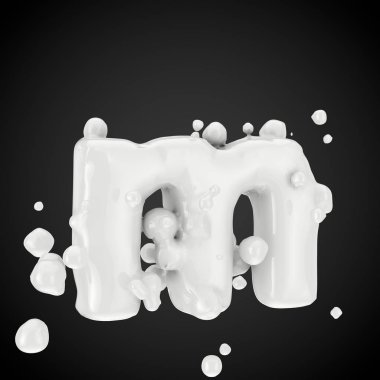 3D harf M küçük. Süt yazı tipiyle izole üzerinde siyah arka plan damla. 3D render.