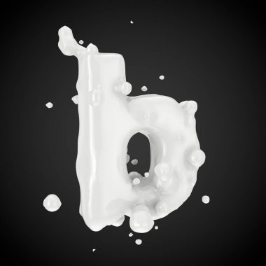 3D B harfi küçük. Süt yazı tipiyle izole üzerinde siyah arka plan damla. 3D render.