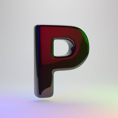 3D büyük P harfi. Açık renkli izole kırmızı, yeşil ve mavi ışık yansıması ile siyah yazı tipi
