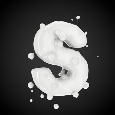 3D harf büyük harf S. Süt yazı tipiyle izole üzerinde siyah arka plan damla. 3D render.
