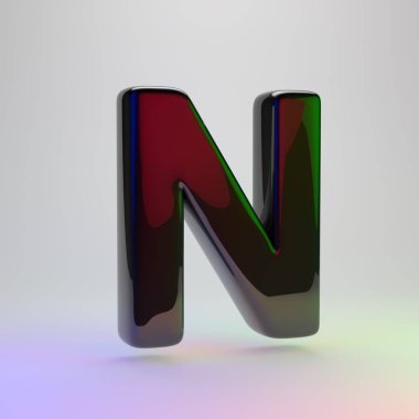 3D harf N büyük harf. Açık renkli izole kırmızı, yeşil ve mavi ışık yansıması ile siyah yazı tipi