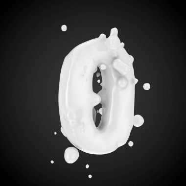 3D numarası 0. Süt yazı tipiyle izole üzerinde siyah arka plan damla. 3D render.