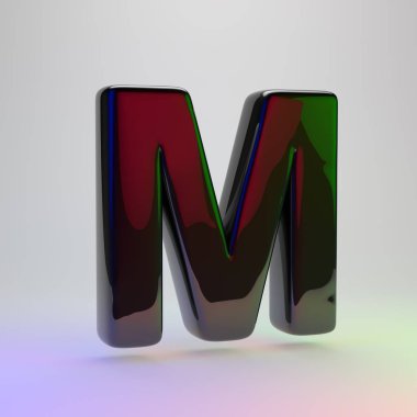 3D harf büyük harf M. Açık renkli izole kırmızı, yeşil ve mavi ışık yansıması ile siyah yazı tipi