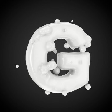 3D harf G büyük harf. Süt yazı tipiyle izole üzerinde siyah arka plan damla. 3D render.