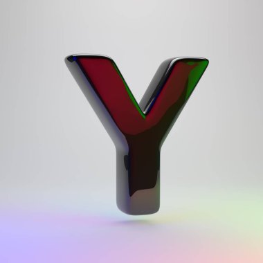 3D harf büyük harf Y. Açık renkli izole kırmızı, yeşil ve mavi ışık yansıması ile siyah yazı tipi