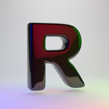 3D harf R büyük. Açık renkli izole kırmızı, yeşil ve mavi ışık yansıması ile siyah yazı tipi