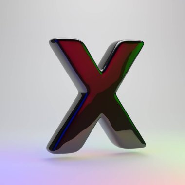 3D harf X büyük harf. Açık renkli izole kırmızı, yeşil ve mavi ışık yansıması ile siyah yazı tipi