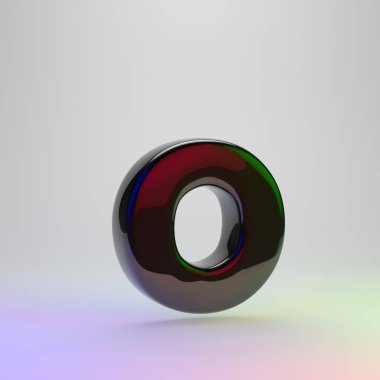 3D O harfi küçük. Açık renkli izole kırmızı, yeşil ve mavi ışık yansıması ile siyah yazı tipi