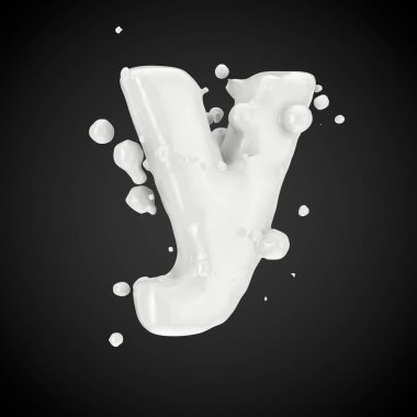 3D Y harfi küçük. Süt yazı tipiyle izole üzerinde siyah arka plan damla. 3D render.